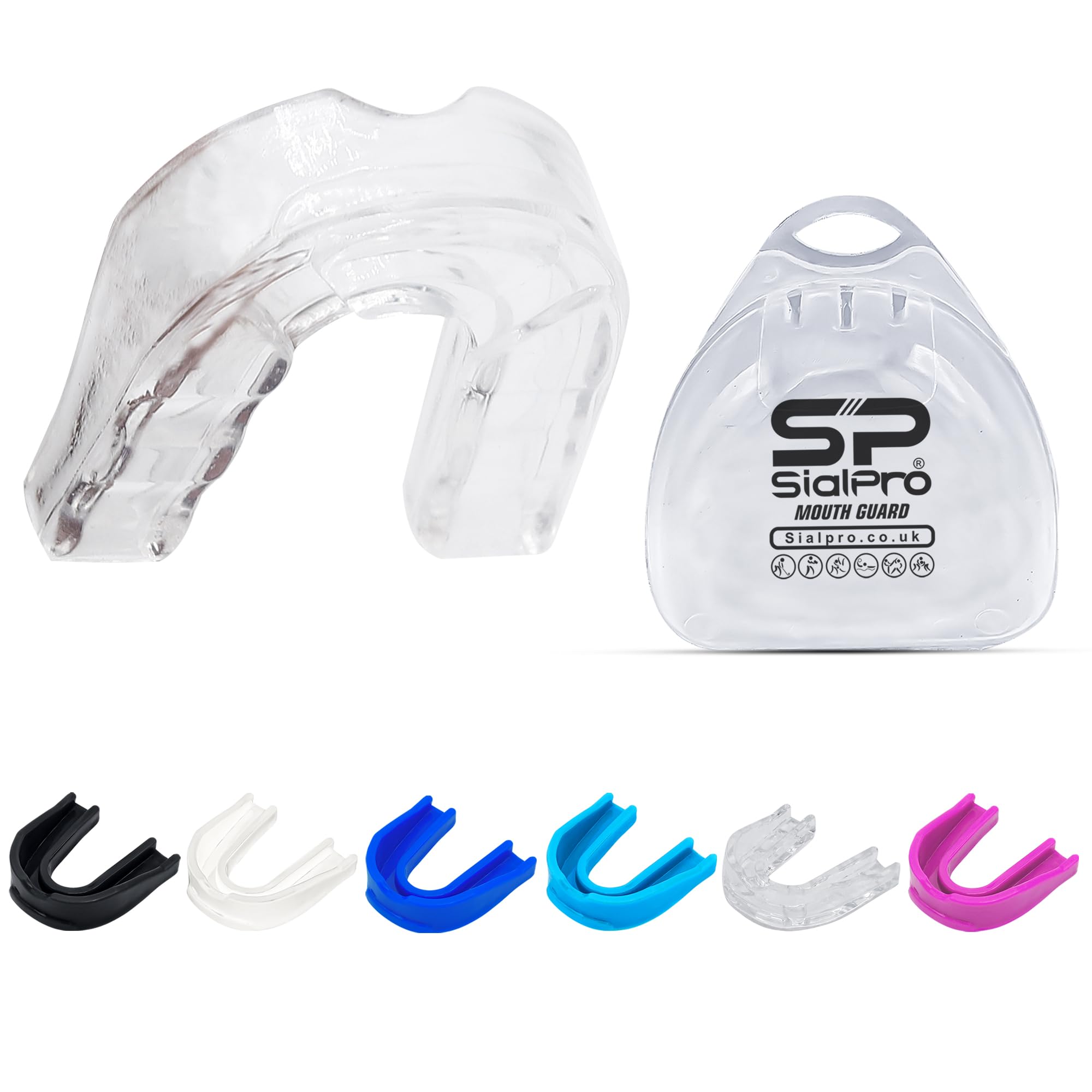 SialPro Mouth Guards for Boxing Men Adult Youth Junior Mouldable Mouthpiece Slim Fit Boil and Bite Gum Shield with Case MMA Hockey Rughby Basketball Judo Karate Martial Arts (Transparent, Adult)