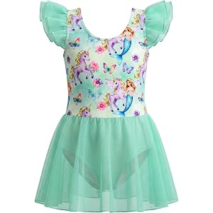LasKit Ballet Leotards for Girls Ruffle Sleeve Print Tutu Skirt Toddler Ballet Dance Dress