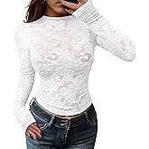 BTFBM Mesh Long Sleeve Tops for Women Lace Sexy Sheer Tight See Through Crew Neck Spring Fall 2026 Party Club Outfits