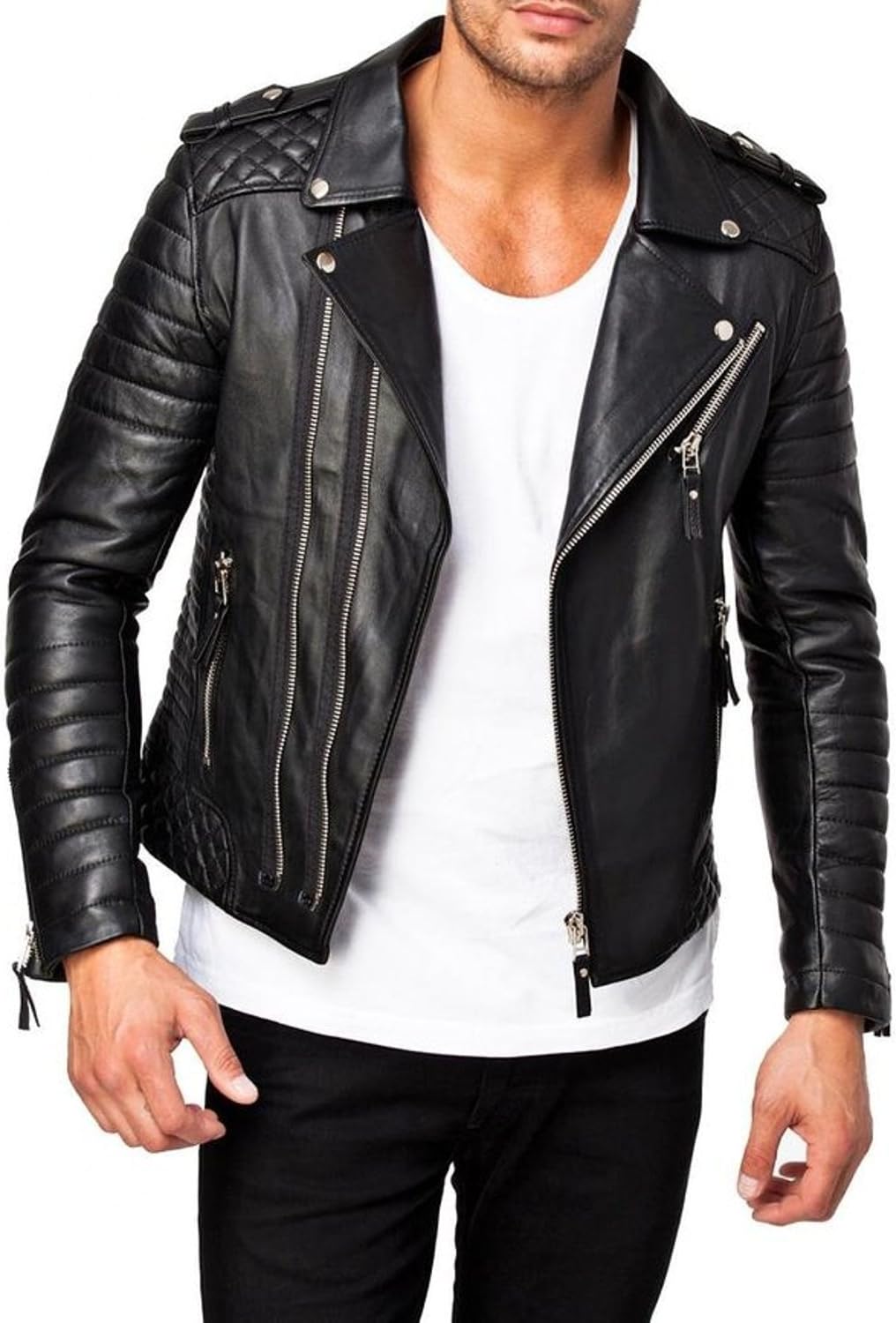 World of Leather Moto Style Lambskin Quilted Leather Jacket Biker