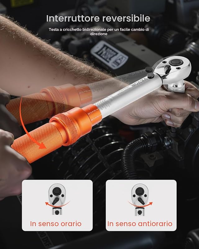 Set di Chiavi Dinamometriche Clic, 20-240 lbf-in e 2,3-27,1 N.m Chiave Dinamometrica a Scatto, Bidirezionali e Bilance a Doppia Portata, 72 Denti, con Adattatori, Barra di Prolunga, Arancione