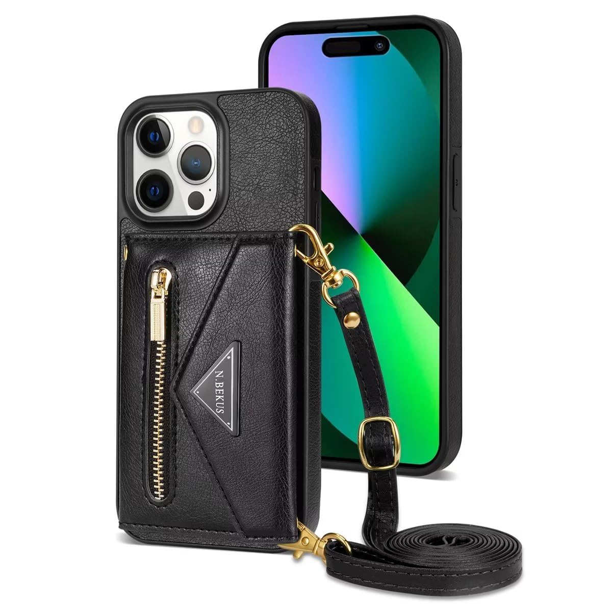 ESONG 𝐖𝐚𝐥𝐥𝐞𝐭 𝐂𝐚𝐬𝐞 𝐟𝐨𝐫 𝐢𝐏𝐡𝐨𝐧𝐞 𝟏𝟓 𝐏𝐫𝐨 𝐌𝐚𝐱,Magnetic Protective Case,Premium PU Leather Shockproof Phone Cover,with Card Slots,Kickstand,Adjustable Crossbody Lanyard Strap-Black