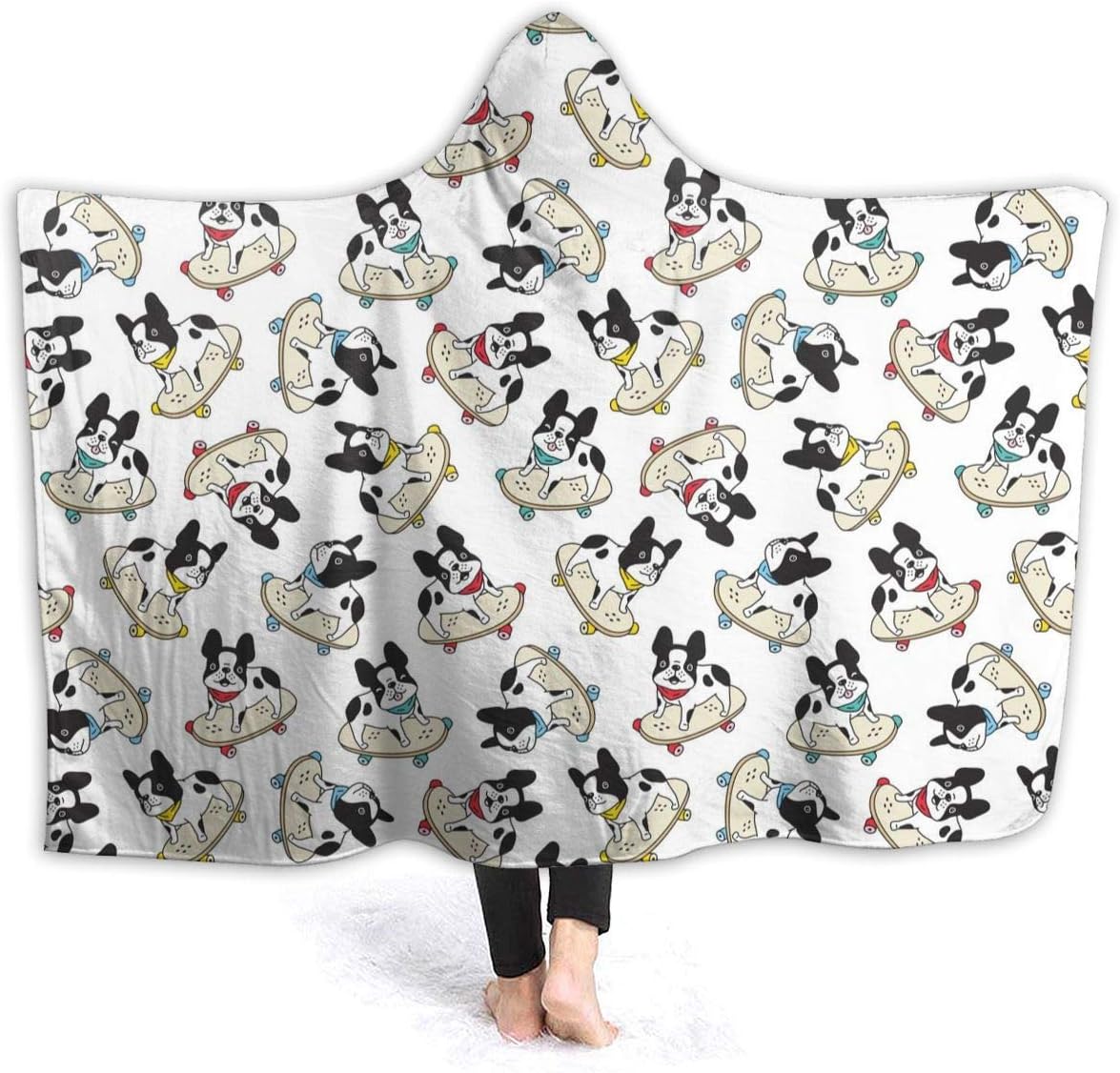 LauDK Hooded Blanket Cape French Bulldog Play Skateboard Throw Wearable Cuddle Soft Lightweight Blanket for Men Women