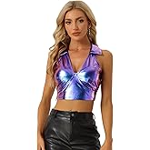 Allegra K Metallic Tops for Women 2026 Halter V Neck Sleeveless Shiny Holographic Crop Top Clubwear Party Outfits