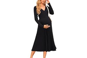 OUGES Women's Fall Maternity Dress for Photoshoot Long Sleeve Wrap V Neck Pleated Baby Shower Sweater Midi Dresses 2025