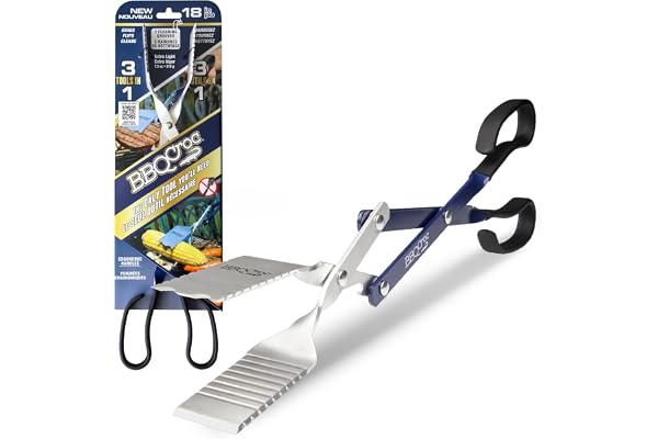 BBQ Croc 3 in 1 Barbecue Tool 18-inch - Light and Long Tongs, Spatula and Grill Scraper (Blue) (18 inch Without Flashlight)