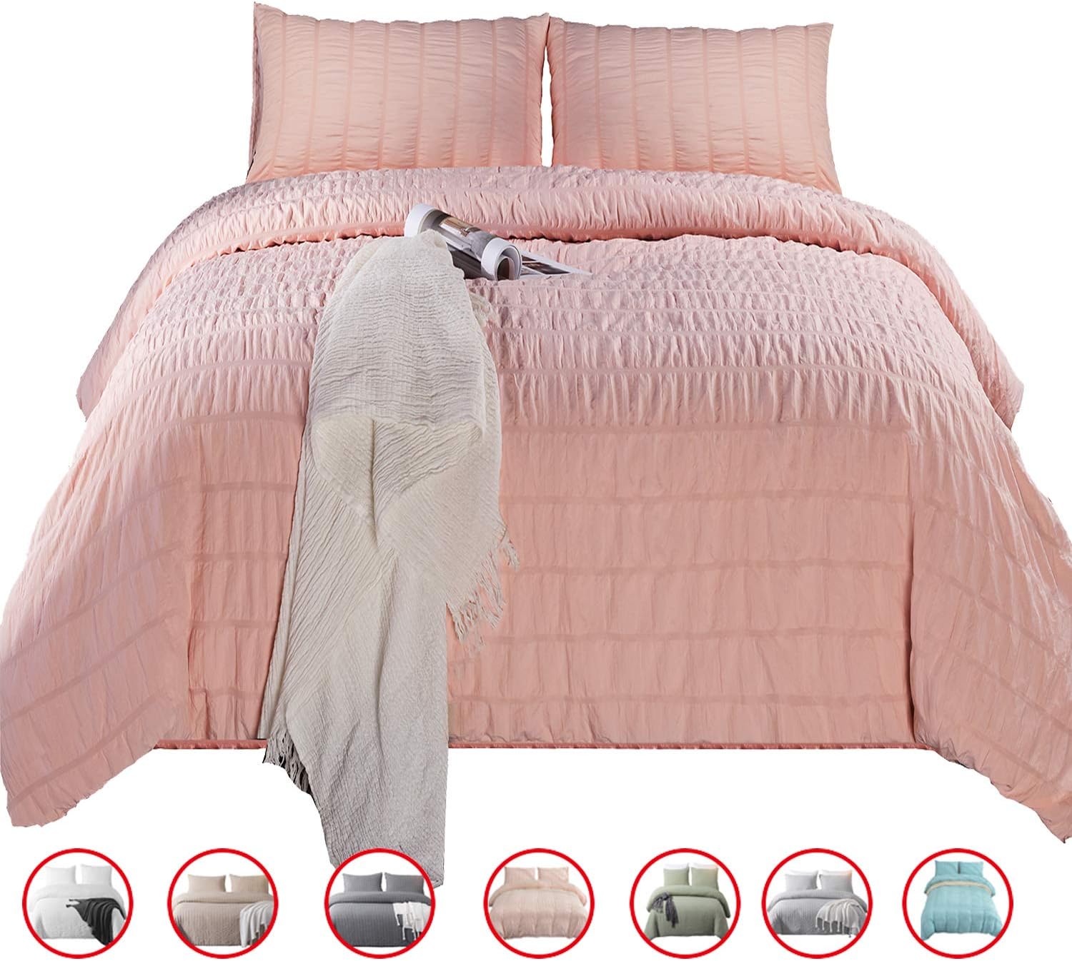 DuShow Solid Duvet Cover Set King Pink Soft Seersucker Hotel Quality 3