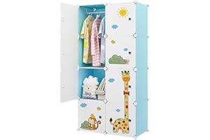 VIPZONE Kids Armoires,8 Cube Wardrobe with Door,Portable Cute Closet Bedroom Dresser Clothes Hanging Storage Rack,Sturdy,Safe and Large Capacity,Blue(14x14inch)