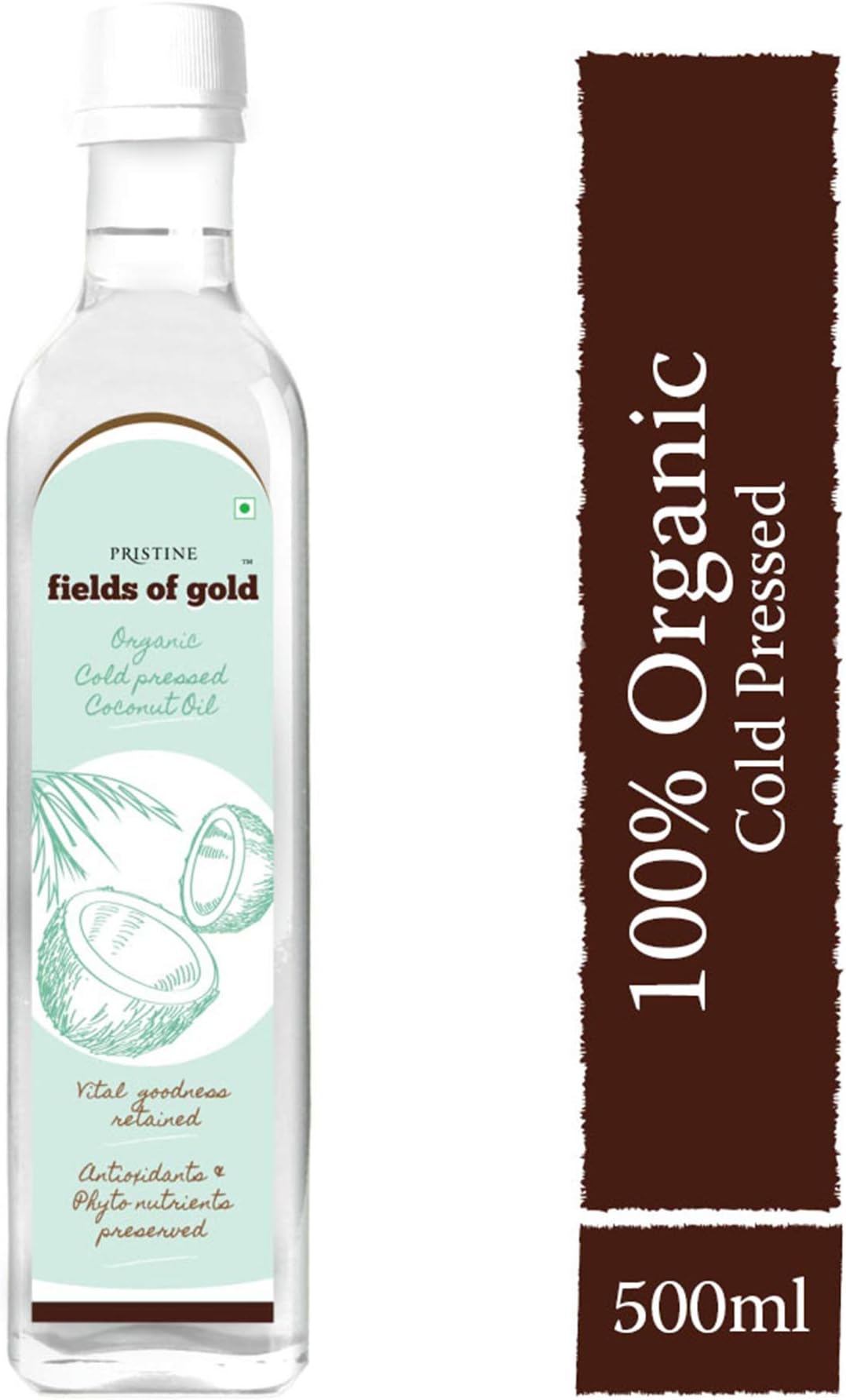 PRISTINE Organics Fields of Gold Organic Cold Pressed Coconut Oil Bottle, 500ml