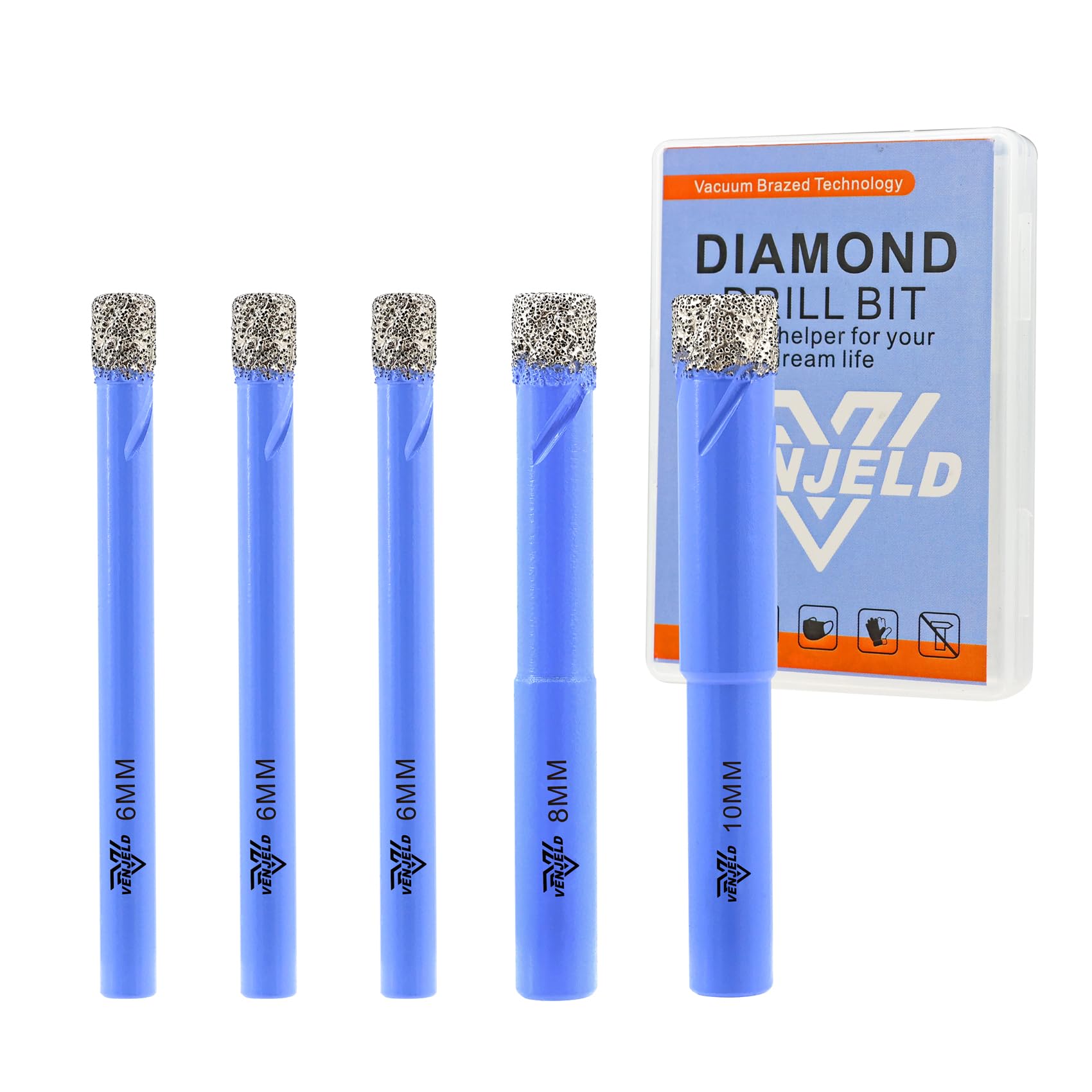 Dry Diamond Drill Bits Set - 6/6/6/8/10mm 5Pcs Tile Hole Saw Kit for Ceramic Porcelain Tile Marble Granite - Round Shank with Storage Case VENJELD — image 1