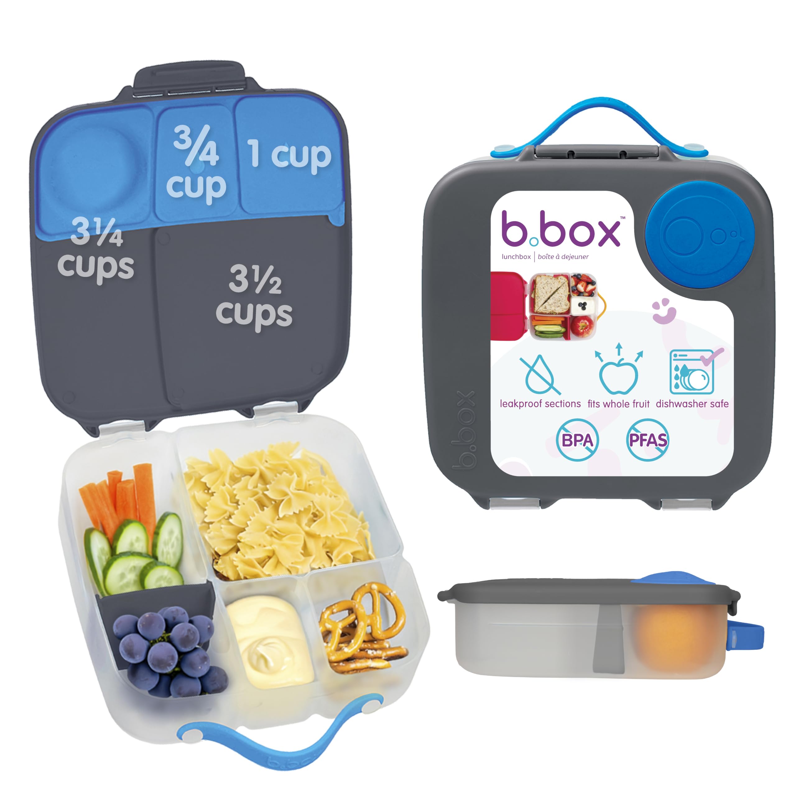 b.box Kids Lunch Box, Bento Box, 4 Compartments (2 Leakproof), Large Size for Big Appetites, Kids 3 Years and Up (Blue Slate, 2L Capacity) — image 1