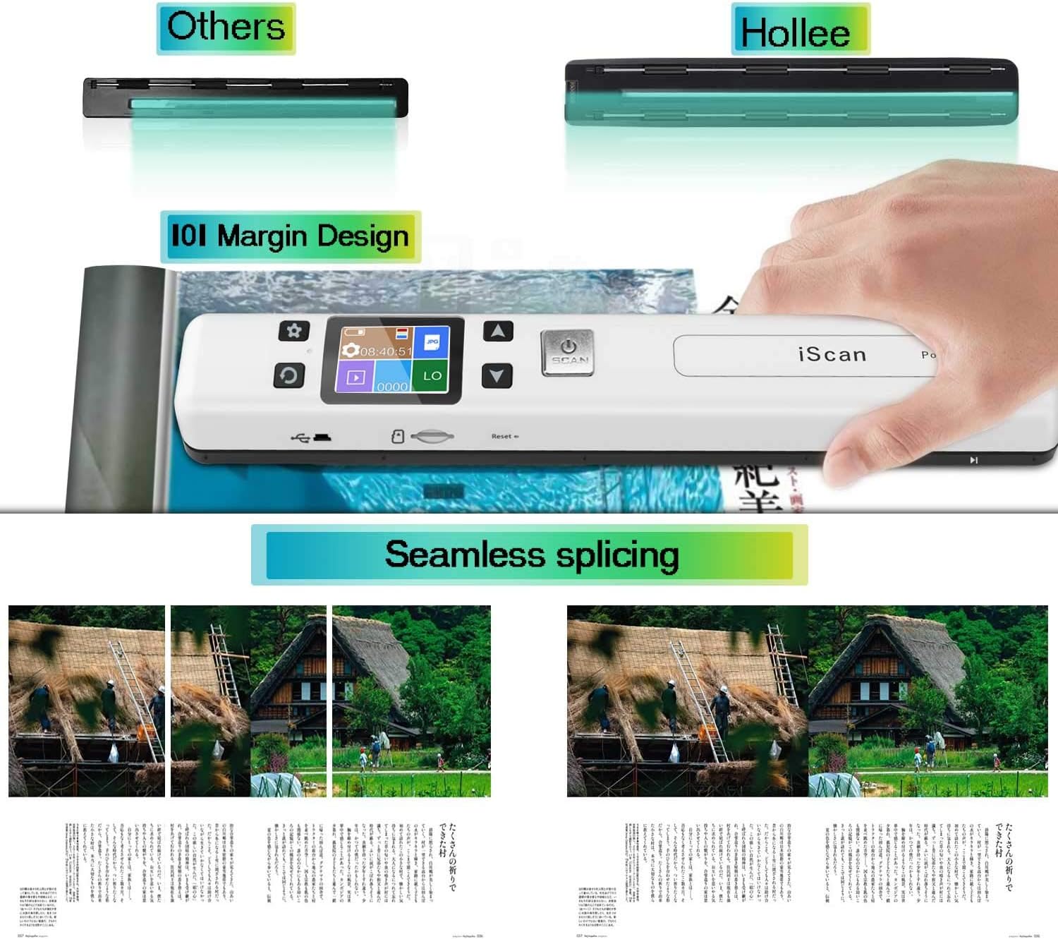 Portable Scanner Hollee WiFi Photo Scanner 300/600/1050 DPI Resolution Rechargeable Document Scanner Handheld A4 Color Page 16G SD Card for Phone Computer Laptop Photo Document Receipt Picture: Electronics