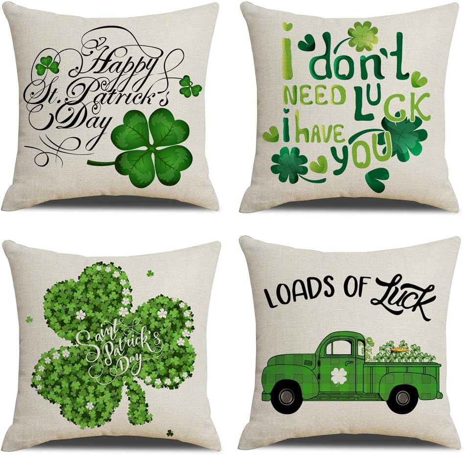 KACOPOL St. Patrick's Day Pillow Covers Truck Green Clover Loads of Luck Happy St Patricks Day Spring Decor Throw Pillow Case Cushion Cover 18" x 18" Set of 4 (Saint Patrick's Day)
