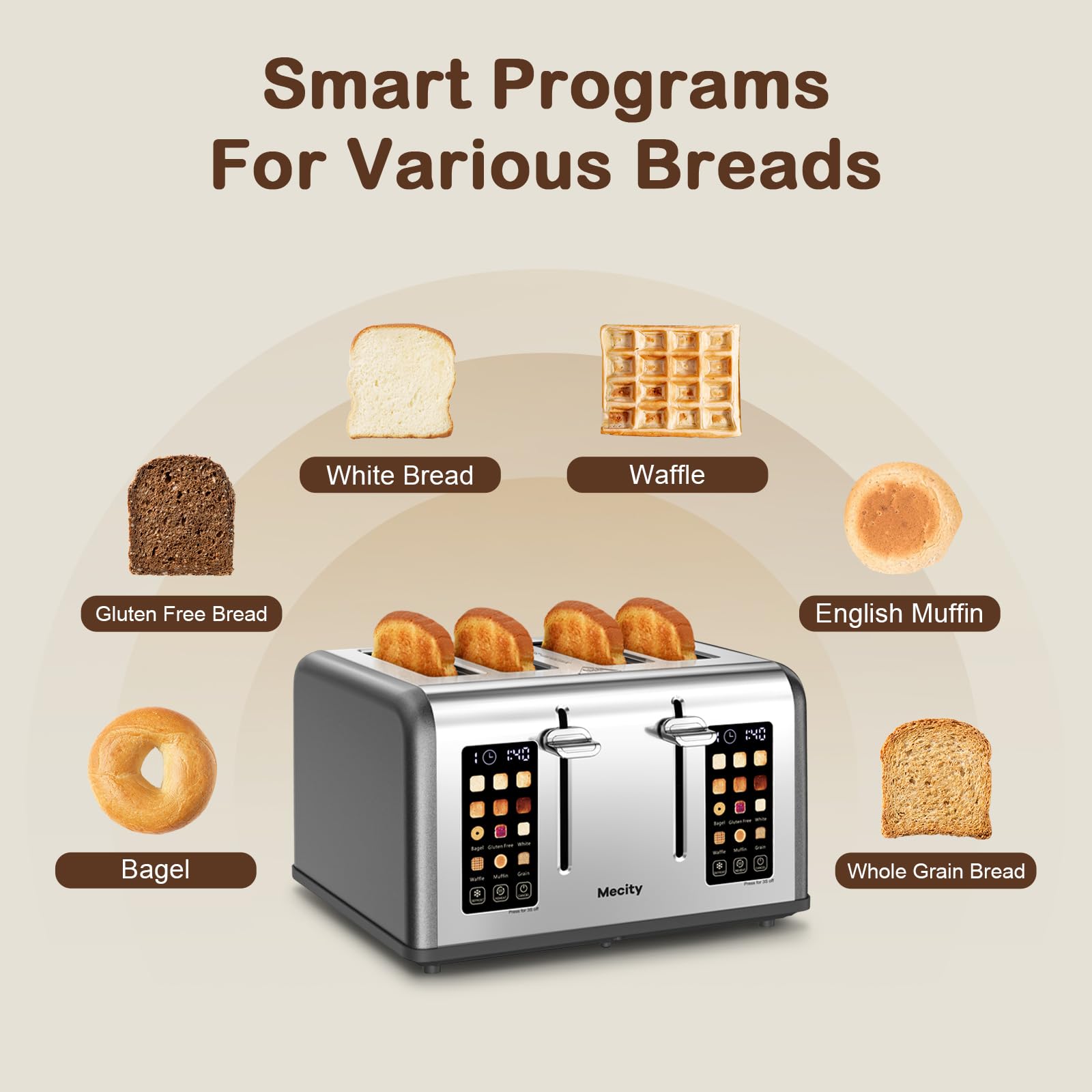 Mecity Tostadora de 4 Rebanadas con Control de Pantalla Táctil, 4 Ranuras Anchas, Tostadora de Pan Inteligente de Acero Inoxidable para Bagels, Muffins, Waffles, Panel de Control Dual, Temporizador, Descongelar, Recalentar, 120V 1650W, Gris Perla