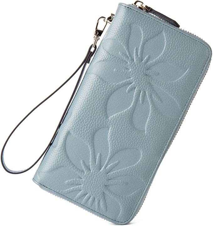 BOSTANTEN Womens Leather Wallets Credit Card Cash Holder Large Capacity Clutch Wristlet Light Blue best women's wristlets