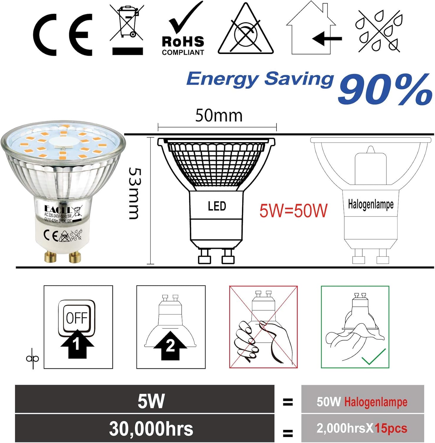 EACLL GU10 LED Bulbs Warm White 4.9W Equivalent 70W Halogen, Pack of 6, 515 Lumens 2700K, AC 230V Flicker-Free Spot Light - Image 5