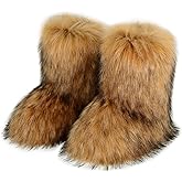 QMFUR Women's Furry Faux Fur Boots Fuzzy Fluffy Mid Calf Snow Boots Suede Warm Fur Lined Booties Flat Fashion Boots