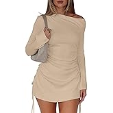 BEAGIMEG Women's Sexy Bodycon Long Sleeves Flared Sleeves One Shoulder Side Split Ruched Club Party Mini Dress