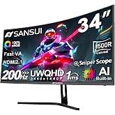 SANSUI 34-Inch Curved Gaming Monitor UWQHD 3440 x 1440P 200Hz Ultrawide | 34&rdquo; Ultra Wide Gaming Computer Monitor-PIP/PBP, OD 1ms, HDR, 300nits, 130%sRGB, DCI-P3 97%,AI Crosshair,HDMI2.1x2,DP1.4