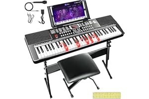 AQNIEGEP Keyboard Piano for Beginners, Piano Keyboard 61 Key, Electric Keyboard Piano w/Stand、 Bench、 Stickers、Microphone、LED Screen、Music Stand, Christmas Gifts for Kid Woman