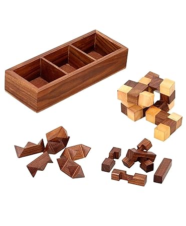 StonKraft 3-in-One Wooden Puzzle Games Set 3D Puzzles for Teens and Adults - Diagonal Burr, a Snake Cube and Star Puzzle