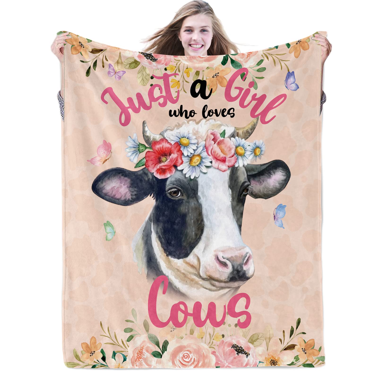Domgoge Just a Girl Who Loves Cows Blanket for Girls Cow Flower Throw Blankets Gifts for Kids Light Yellow Plush Warm Lightweight Flannel Fleece Blanket for Sofa Couch All Season, 101cm x 127cm