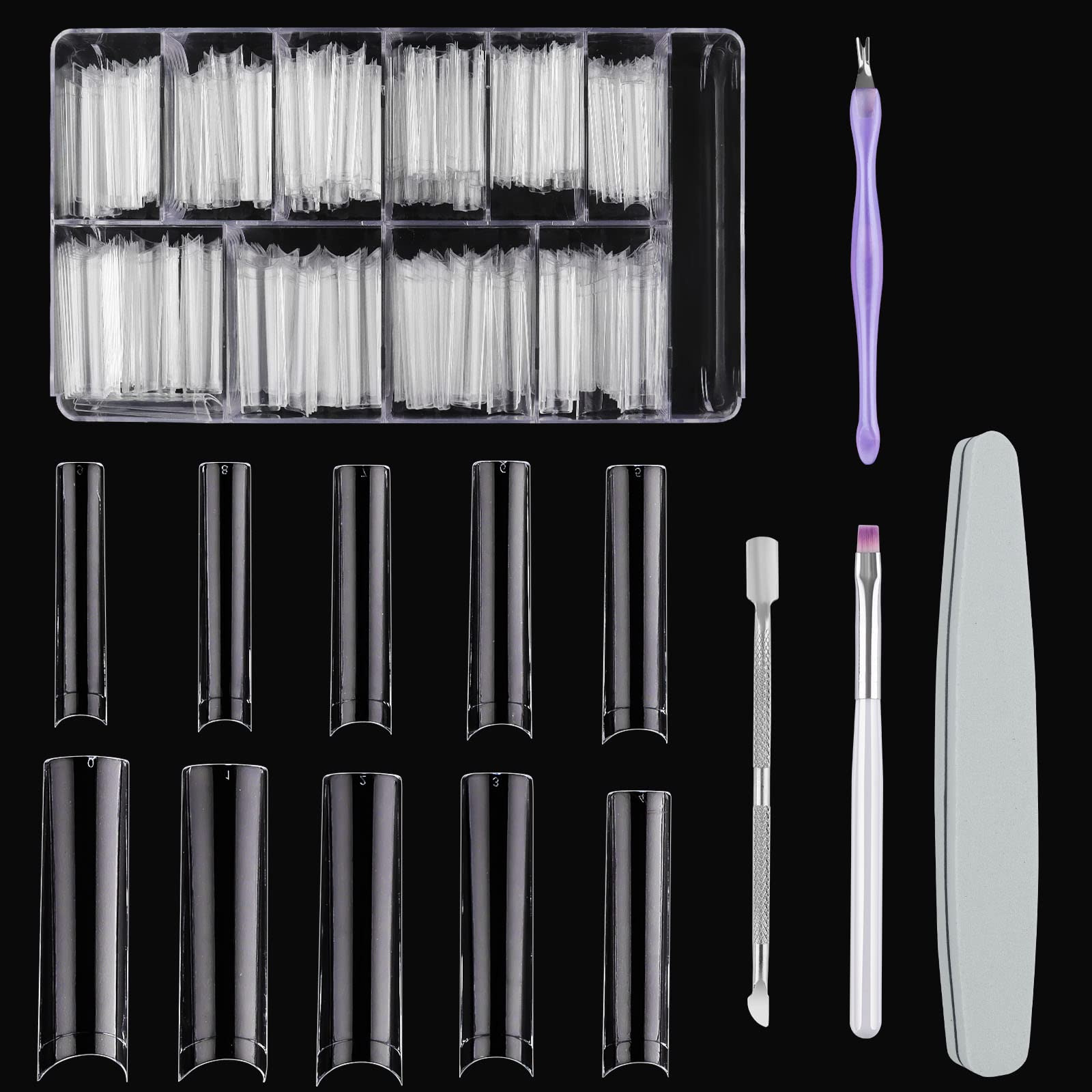 EBANKU 500PCs XXL Extra Long Square Nail Tip, No C Curve/Straight Half Cover, 10 Sizes with Case & Nail Art Tools (Transparent)
