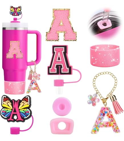 Reusable Purple Stanley Cup Accessories Set For 30/40 Oz Tumbler, Heart Wing Straw Cover, Anti-Spill Silicone Stoppers, Boot, Handle Charm, Initial Stickers (Letter A), Cute Gift For Women Girls