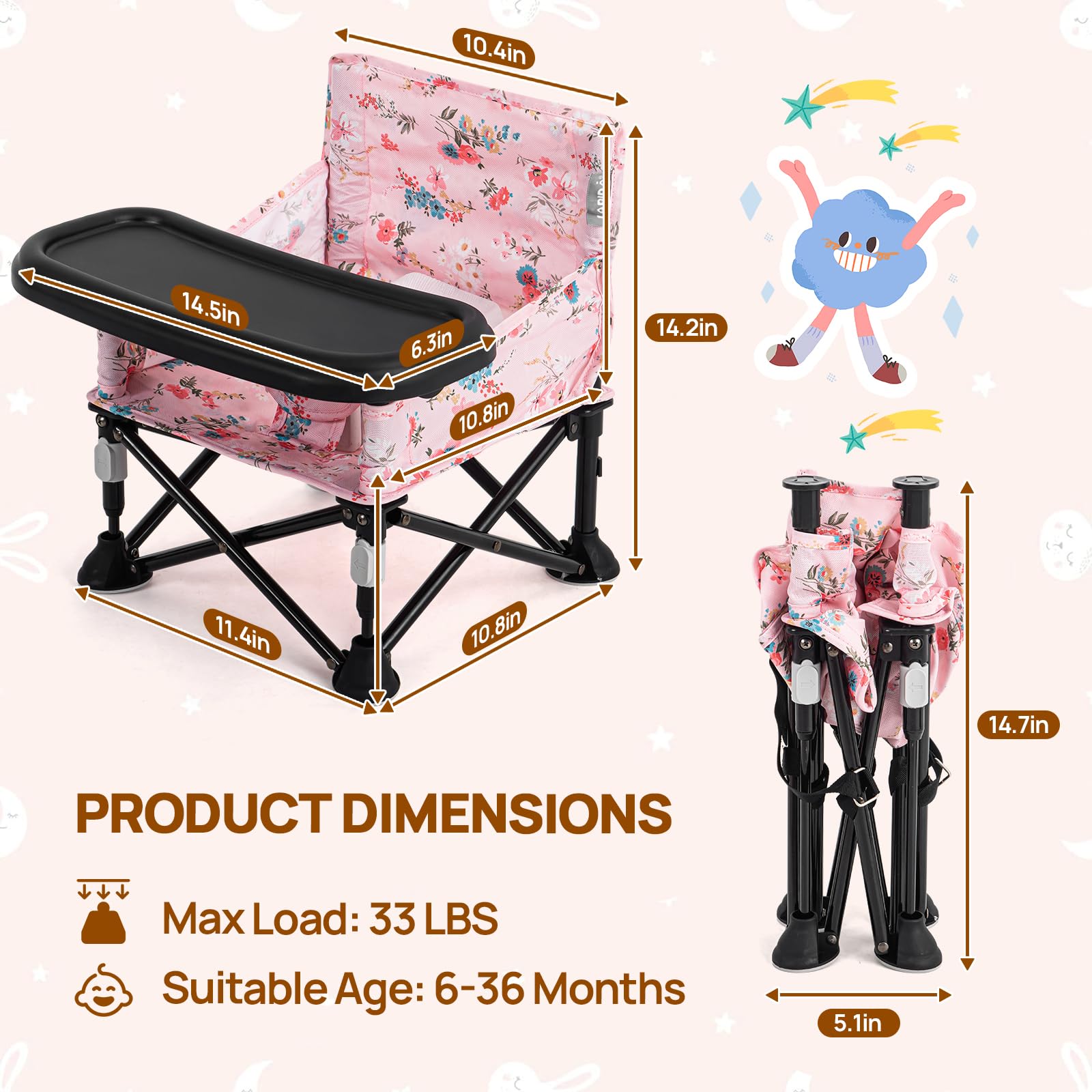 Booster Seat for Kitchen Chair with Removable Tray, Portable Foldable Baby Chair for Babies 6-36 Months, Indoor Outdoor Toddler Camping Chair (Pink Floral Design)
