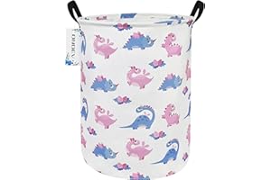 ONOEV Round waterproof laundry basket,foldable storage basket,laundry Hampers with handle,gift basket,suitable for children's room and toy storage (Pink Dinosaur)