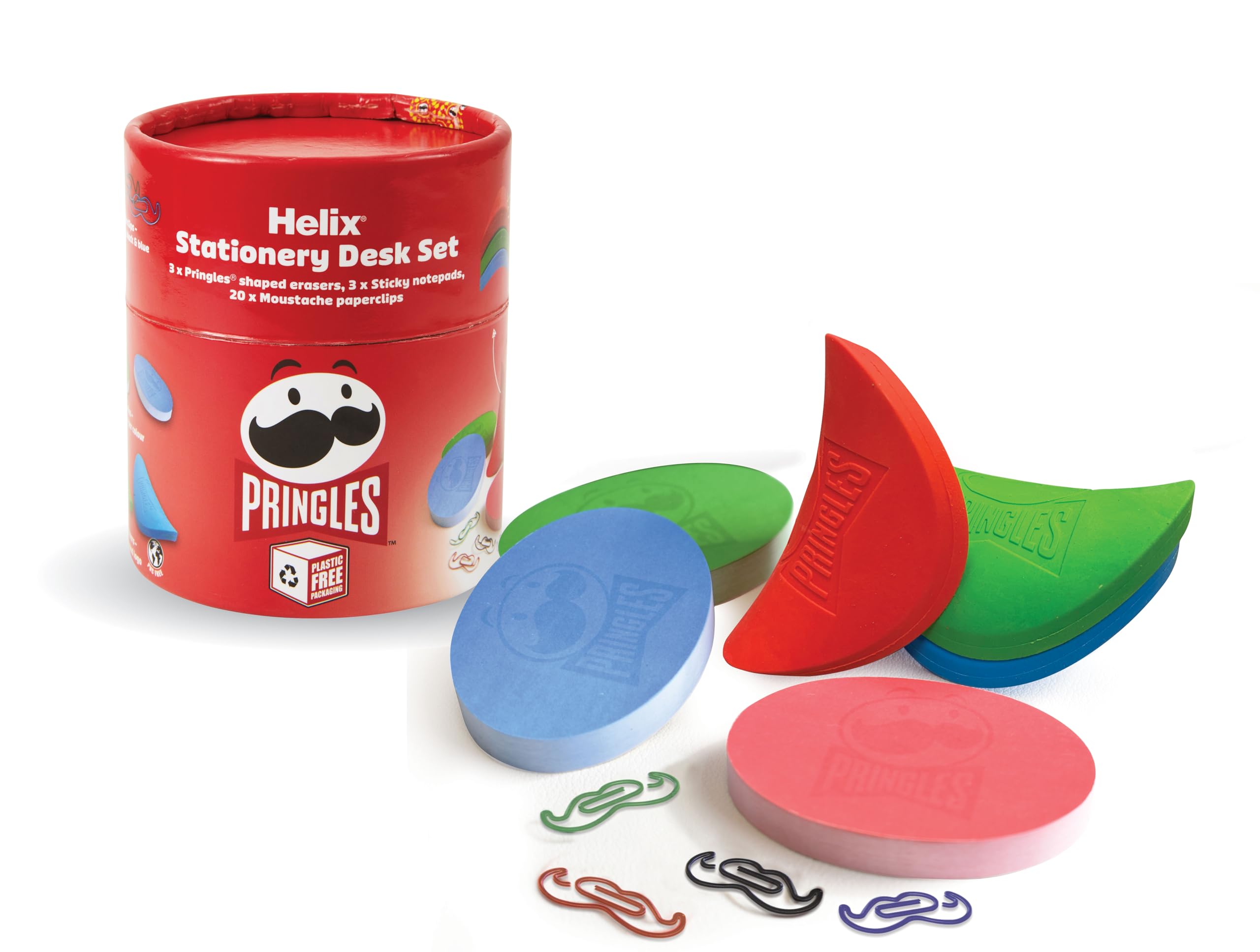 Helix Pringles Desk Stationery Set - Includes Pringles Shaped Erasers and Sticky Notes and Moustache Paperclips