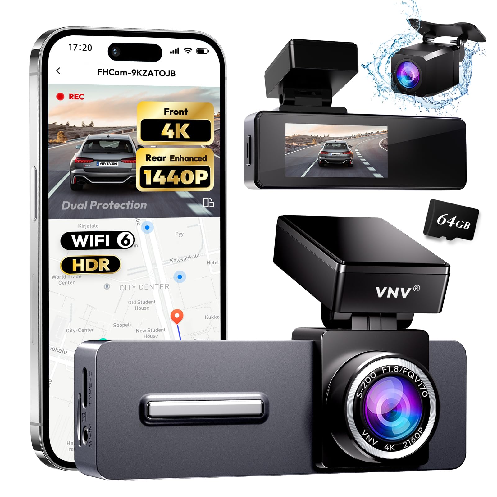 vnv 4k+2.5k dash cam front and rear, galaxycore sensor, free 64gb card included, built-in wifi app c