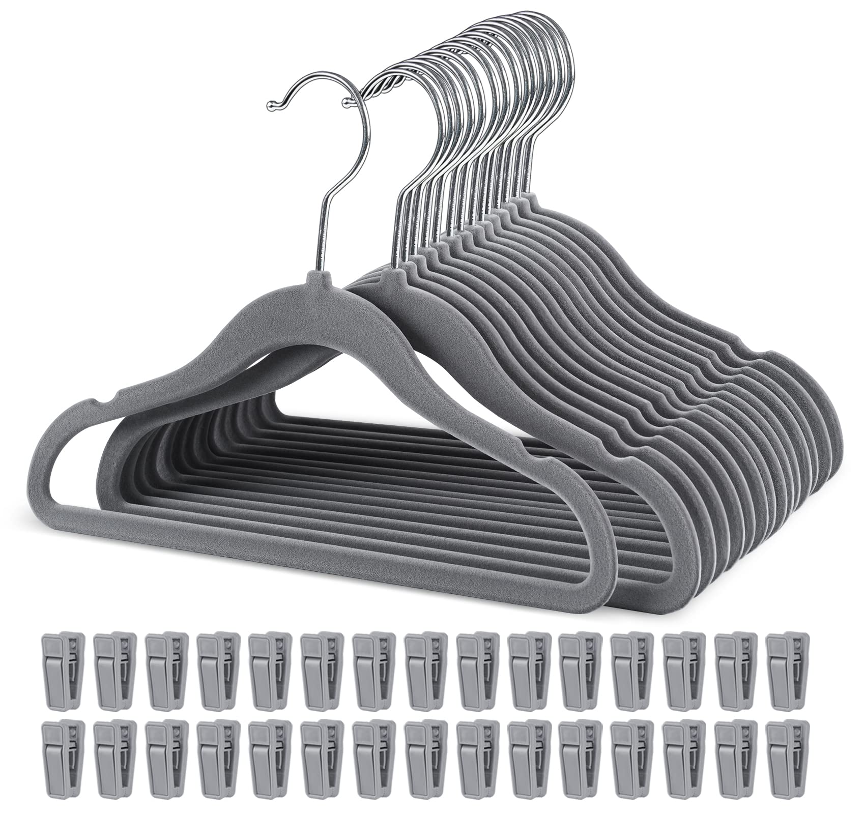 HOUISM Baby Grey Velvet Clothes Hanger with 30 Finger Clips, Children's Clothes Hangers, Ultra-Slim Space Saving Non-Slip Nursery Hangers for Baby, Infants, Toddlers -15Pack — image 1