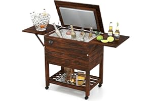 LDAILY Moccha 54-Quart Rolling Cooler Cart - Wooden Rolling Ice Chest Cooler Cart w/ 2 Drop Leaf Tables, Bottle Opener, Pine Wood Outdoor Beverage Cooler, Patio Cooler on Wheels for Parties Yard Pool Deck