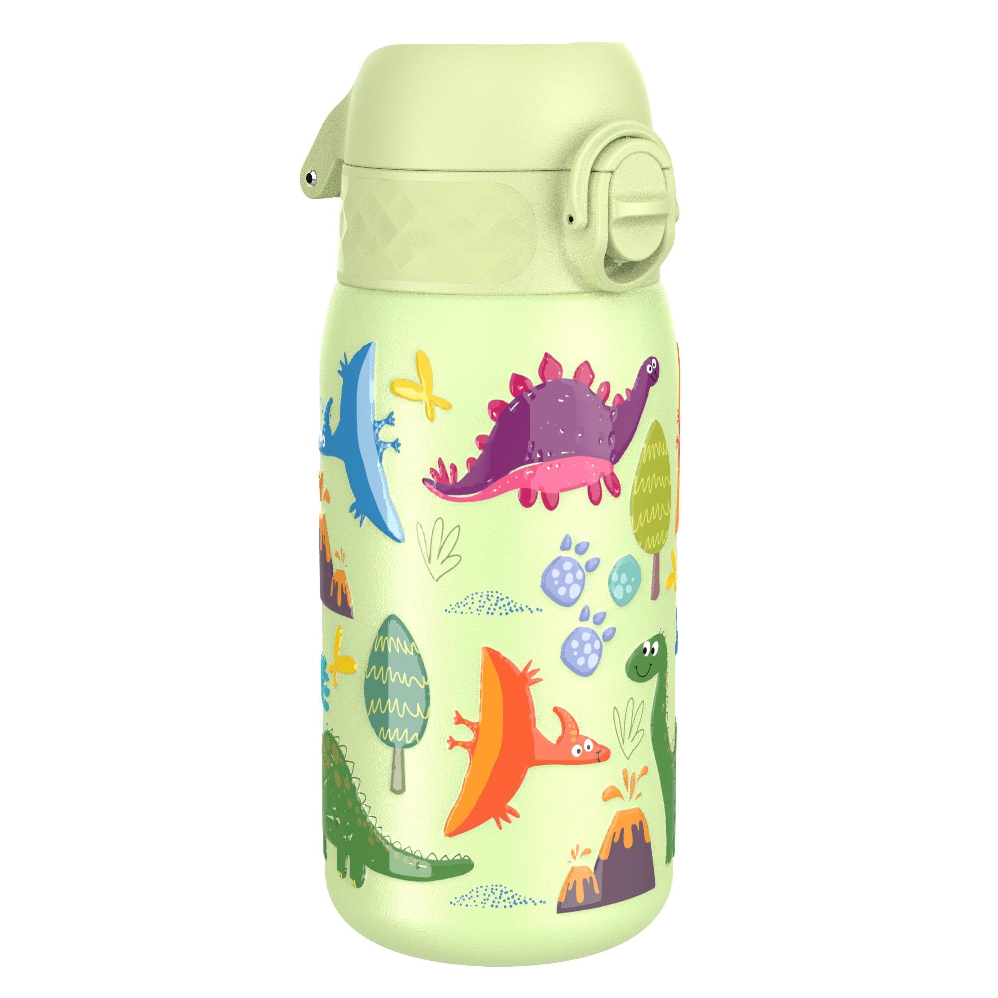Ion8 Vacuum Insulated Steel Water Bottle, 320 ml/11 oz, Leak Proof, Easy to Open, Secure Lock, Dishwasher Safe, Carry Handle, Metal Water Bottle, ThermoShield Stainless Steel, Green, Dinosaurs