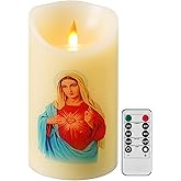 QQFCTOO Immaculate Heart of Mary LED Devotional Candle - Battery Operated Religious Candle with Remote & Timer, Real Wax 3D Wick, 6" x 3.2" for Advent, Easter, Home Altar, Church & Devotions