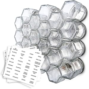 Gneiss Spice Small Empty Magnetic Spice Jars | Create a DIY Hanging Spice Rack on Your Fridge | Includes Hexagon Glass Jars, Magnetic Lids + Spice Labels (24 Small Jars, Silver Lids)