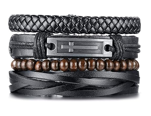 TempBeau 4pcs/Set Black Leather Bracelet for Men Women, Cross