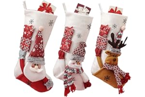 MASTEYMOH 19-Inch Large Velvet Christmas Stockings Pack of 3, Santa, Snowman & Reindeer Fireplace Hanging Stockings, Plush Velvet Christmas Stockings, Plush Christmas Stocking with 3D Figurines & Snowflake