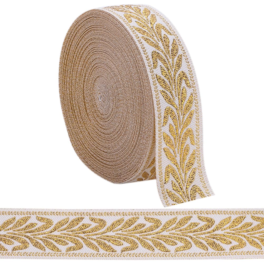 GORGECRAFT 10Ms x 25mm Jacquard Ribbon Metallic Gold Ethnic Style Boho Embroidered Woven Roll Double Side Leaf Fabric Sewing Webbing Trim Fringe for DIY Crafts Gift Wrapping Home Curtain Decor