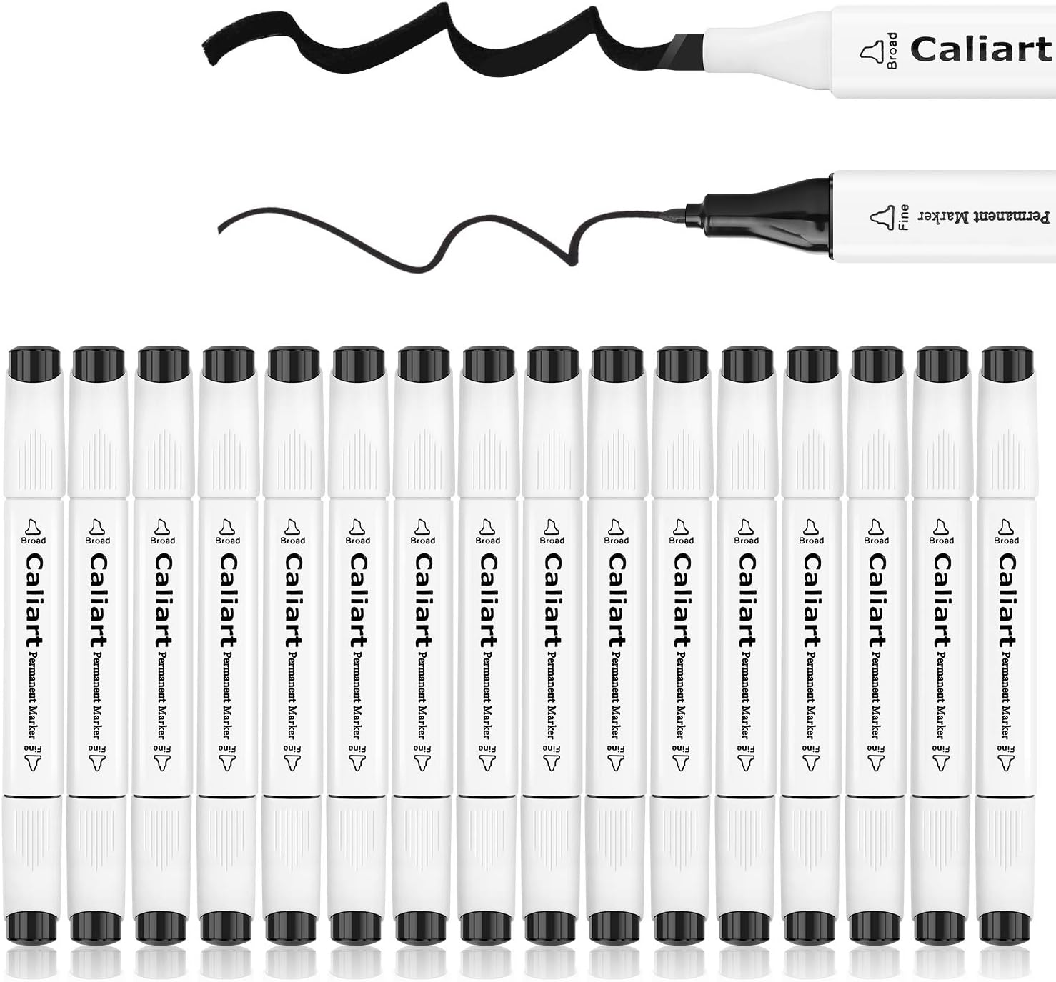 Black Permanent Markers, Caliart 16 Pack Dual Tip Black Permanent Marker Pens, Fine Point & Chisel Tip, Waterproof Markers, Premium Smear Proof Pens, Quick Drying for Doodling, Great Back to School