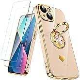 Nonional Compatible for iPhone 13 Case with 2 Pack Screen Protector, 360° Rotatable Ring Holder [Luxury Hearts Pattern] Plating Gold Edge Slim Soft Phone Cover Case for iPhone 13 - Pink