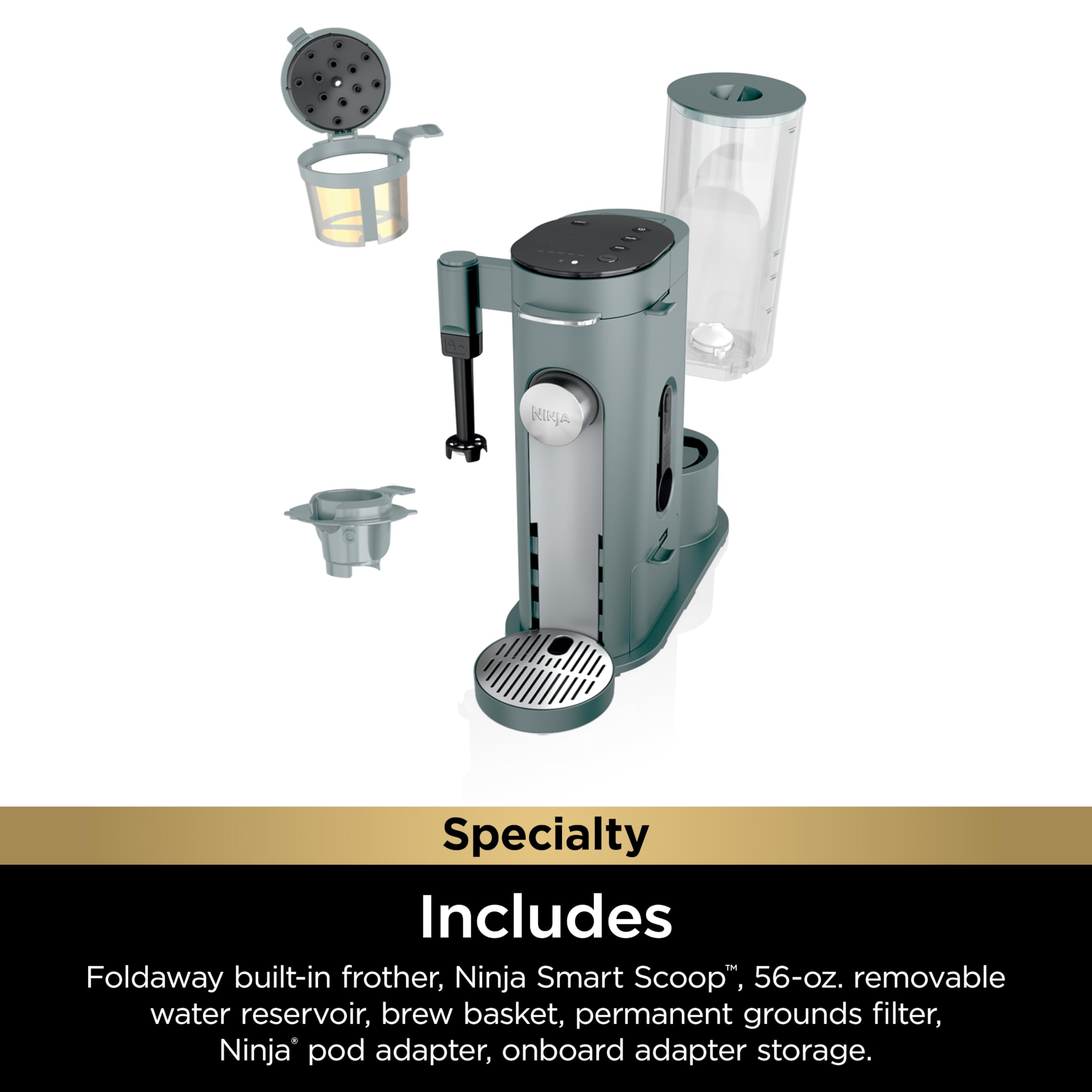 Ninja Pods & Grounds Specialty Single-Serve Coffee Maker, K-Cup Pod Compatible, Built-In Milk Frother, 6-oz. Cup to 24-oz. Travel Mug Sizes, Iced Coffee Maker, 1550 watts, Sage Green, PB051SG