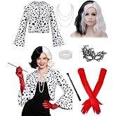 Miulruma 8pcs Cruella Deville Costume Women Halloween Costumes Cosplay | Soft Breathable Velvet Shawl, Complete Accessories Wig Caps Necklace Mask Gloves Bracelets Holder, Halloween Cruella Costume