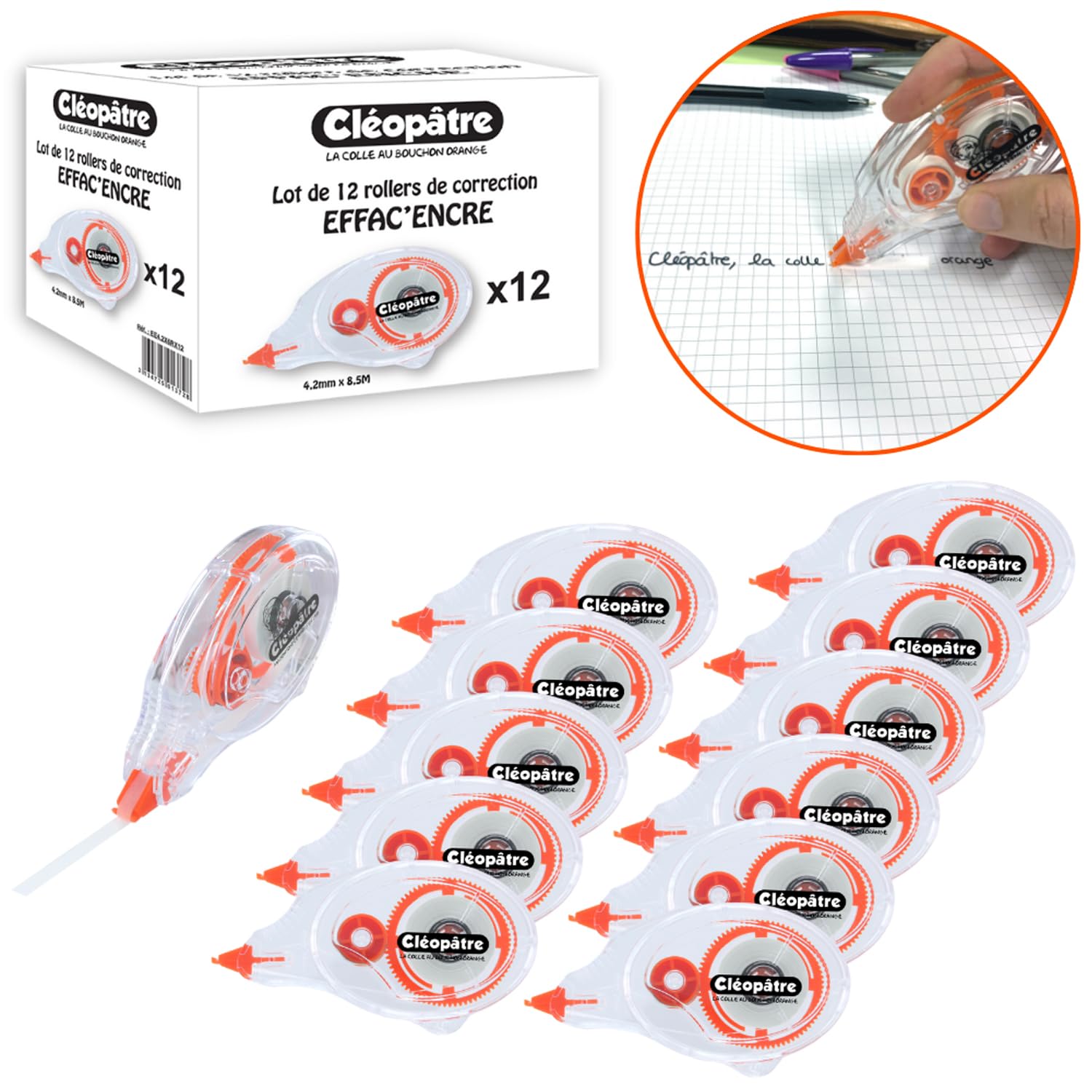 Cleopater Eraser Dry Ink 4.2 mm x 8 m Pack of 12 Fast and Accurate Dry Corrector Suitable for Right and Left Handers