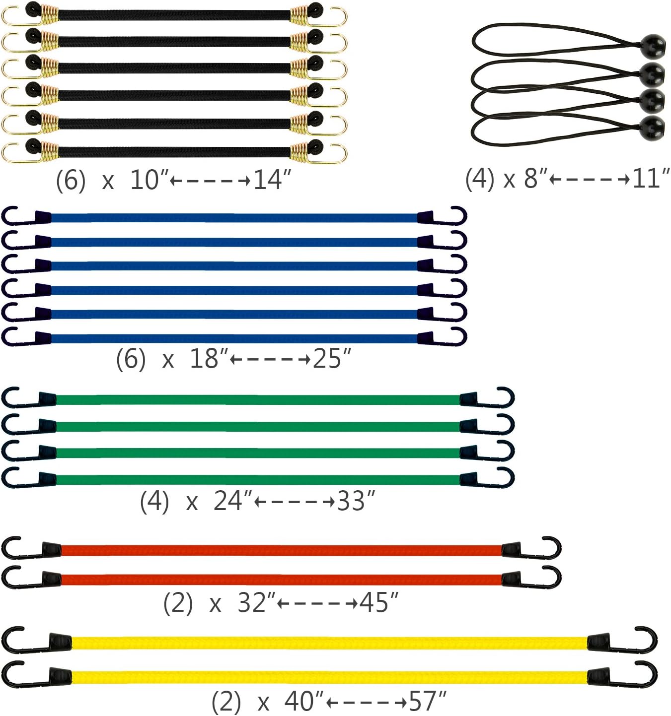 EFFICERE Best Choice 24-Piece Premium Bungee Cord Assortment in Storage Jar - Includes 10”, 18”, 24”, 32”, 40” Bungee Cords and 8” Canopy/Tarp Ball Ties - - 
