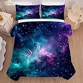 FUYEUN Blue Galaxy Comforter Set Twin Size Space Bedding for Kids Girls Teen Bedroom Decor Moon Cloud Starry Sky Glitter Star Quilt Bed Sets, 1 Comforter 1 Pillowcase
