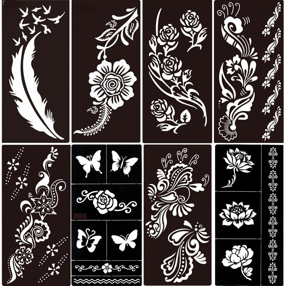 8 Sheets Tattoo Stencil Hollow Drawing Black Mehndi Body Art Template Tool Feather Flower