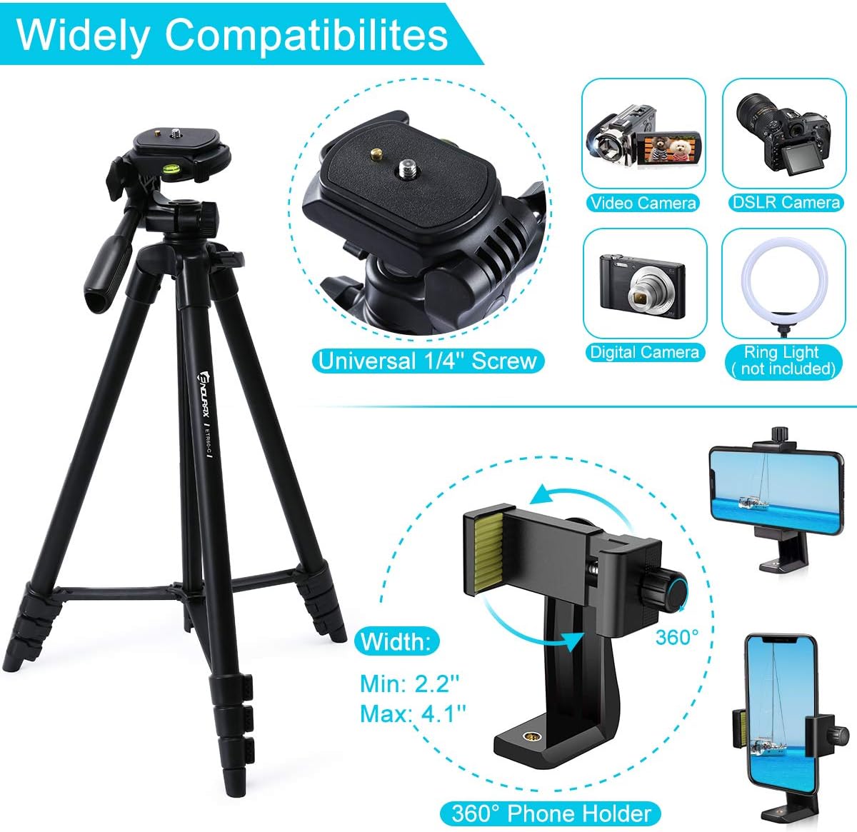 Endurax 60'' Camera Phone Tripod Stand for DSLR Canon Nikon with Universal Phone Mount, Bubble Level and Carry Bag : Camera & Photo