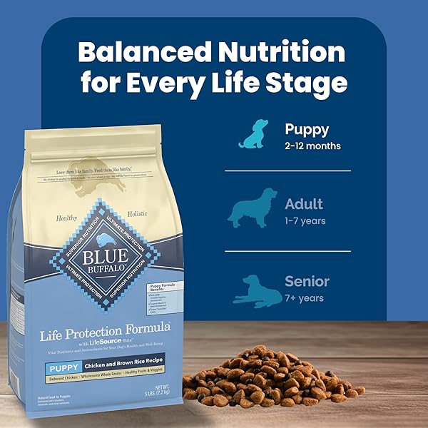 BLUE BUFFALO LIFE PROTECTION FORMULA PUPPY DRY DOG FOOD WITH DHA AND ARA, MADE WITH NATURAL INGREDIENTS, CHICKEN & BROWN RICE RECIPE, 5-LB BAG